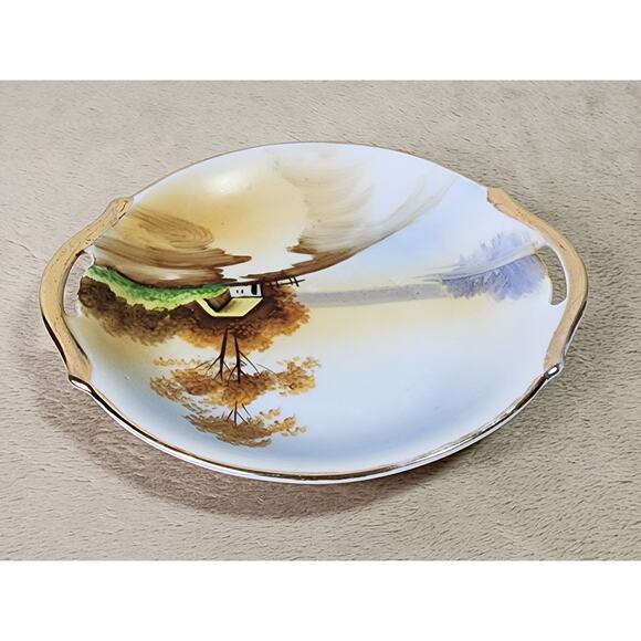 Nippon Bowl w/ Handle Cottage Landscape 7" Gold Trim 1891 - 1921 Hand Painted - Picture 5 of 13